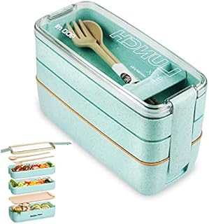 TIAASTAP 3 Layer Bento Lunch Box, Bento Box Lunch Box with Compartments, Japanese Lunch Container Kids Adults with Fork Spoon for Work Leakproof Sandwich Box Microwave Safe (Green)