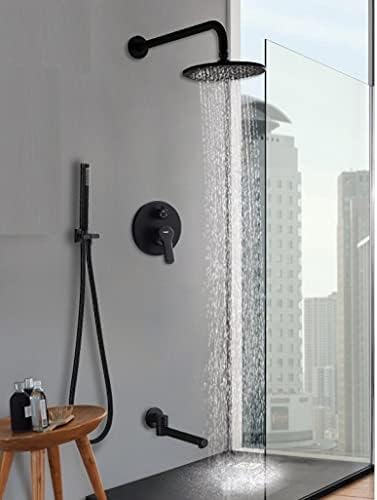 Black Round 3-Way Shower Faucet Set Wall-Mounted Brass Rainfall Shower Head Swivel Spout 8-Inch & 12-Inch Mixer Valve Modern Bathroom Fixture