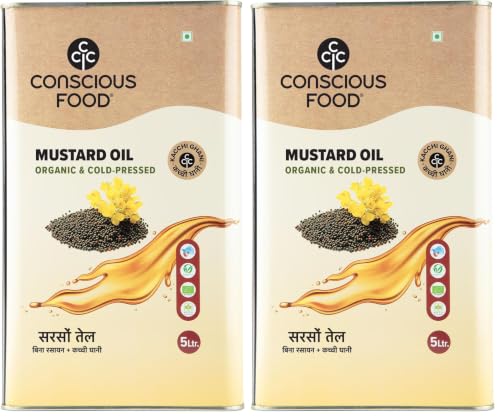 Image of Conscious Food Cold Pressed Black Mustard Oil | 5 Litre | Natural | Pure & Unrefined | Rich Taste & Aroma | Sarso ka Tel | Kachi Ghani /Chekku (Pack of 2)