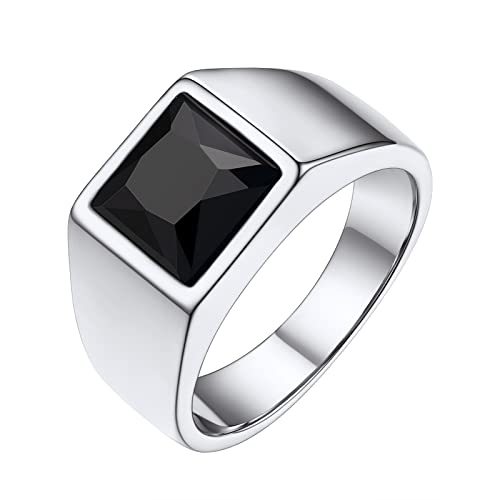 FindChic Stainless Steel Black/Blue Gemstone Signet Rings for Men Women Square Created Topaz/Custom Birthstone Nugget Ring for Party Anniversary Size 7 to 14 + Gift Box 01.black stone (stain