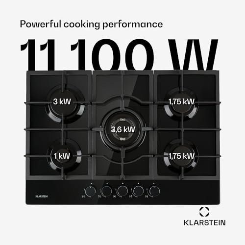 Kuchenka gazowa Klarstein, 5-palnikowa płyta gazowa, wbudowana kuchenka do domu i kampera, kuchenka kempingowa ze stali nierdzewnej, kuchenka na propan i gaz ziemny, 11100 W