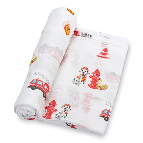 Image of LollyBanks Muslin Swaddle Blanket, 100% Muslin Cotton Swaddle Blankets for Baby Boys, 47 X 47 Inches Soft and Cozy Blankets for Newborn Baby, Newborn Essential, Registry (Fireman Dog Print)