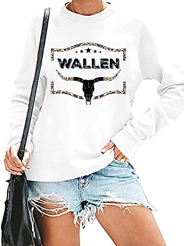 RFBIQI Wallen Bull Skull Bleached Sweatshirt Womens Country Music Western Shirt Retro Graphic Long Sleeve Casual Pullover Top (XL, White)