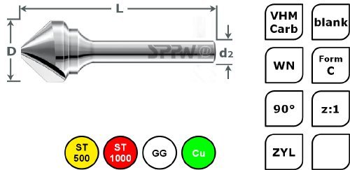 Kegelsenker VHM 90° z:1 Form C L:51 Ø6,3