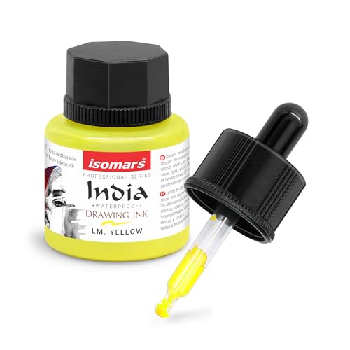 Image of Isomars Waterproof Drawing Ink with Dropper - 35ml | India Ink for Calligraphy, Art, Technical Drawing | Fade-Resistant & Quick-Drying (Lemon Yellow)