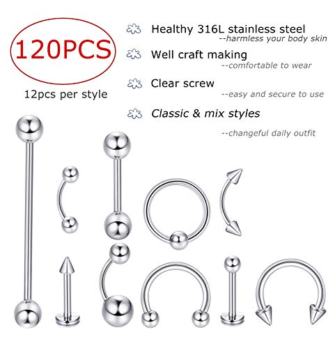 Jstyle 120Pcs Body Jewelry Piercing Lot Stainless Steel Nose Horseshoe Lip Tongue Eyebrow Tragus Body Piercing Navel Belly Ring Barbells 14G-16G #TOP1