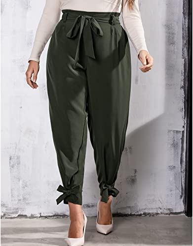 Flamingals Women's High Waist Casual Straight Leg Work Pencil Pants Tie Belted Stretchy Trouser Army Green L #TOP1