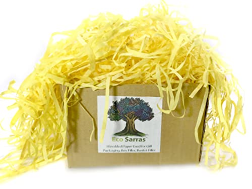 Image of Eco Sarras thin shredded paper crinkle paper grass strips gift tray decoration, gift hamper decorations, gift box fillers, wedding birthday & valentines day gift (200 Grams, Yellow)