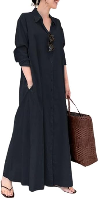 Zhyaj Womens Boho Cotton Maxi Dress V Neck Button Down Kaftan Shirt Dress Long Sleeve Dresses with Pockets Plus Size