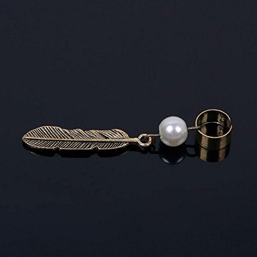One Piece Gothic Punk Leaf Feather Pearl Dangle Earrings Clip on Non Pierced Leaf Ear Cuff Bronze