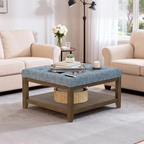 ABHENG 31.5” Large Square Storage Ottoman, Upholstery Solid Rubberwood Coffee Couch Table with Open Shelf, Foot Stool Load up to 330lb, Chenille Gray UASND67G