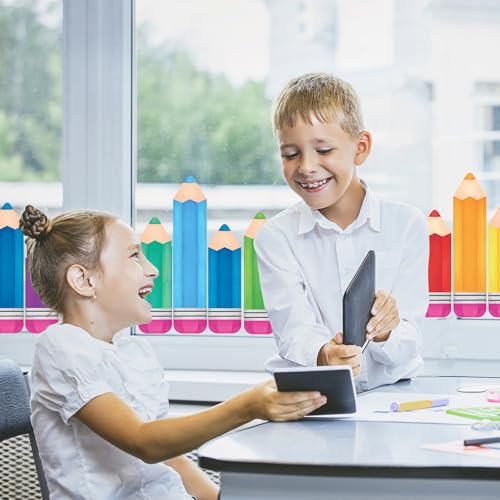 Image of Whaline 9 Sheet Colorful Pencil Window Clings Back to School Rainbow Color Pencil Reusable Window Decals for First Day of School Home Nursery Classroom Decor