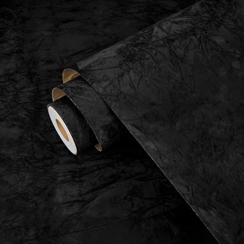 Wallercity Black Floral Velvet Flock Contact Paper for Jewelry Drawers Shelf Liner Flocking Fabric Self Adheisve Felt Wallpaper for Dresser Upholstery Art Crafts 12x78.7 IN Soft Cloth Wrap for Cabinet