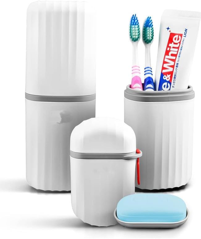 iSTAR Plastic Capsule Shape Travel Toothbrush Toothpaste Case Holder with Soap Container Combo Pack | Toothbrush Holder for Camping, Business and School Trip, White