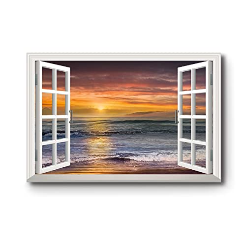 Renditions Gallery Canvas Beach Decor Fake Window View Pitures for Home Calm Ocean Orange Sunset Swells Wall Hanging Prints for Bedroom Living Room Kitchen Decorations - 18"X27" LT04