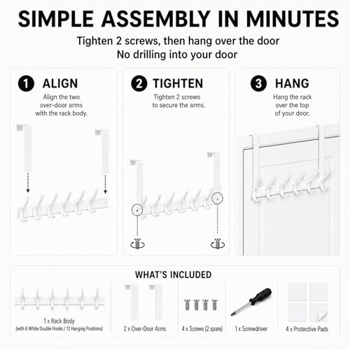 Peasulin Over The Door Hooks, Door Hanger with 12 Coat Hooks, 7.4" Extended Arm Over Door Towel Rack, Aluminum Alloy Rust-Proof, No Drilling, for Bathroom Bedroom Closet Entryway (White) by Peasulin - Image 3