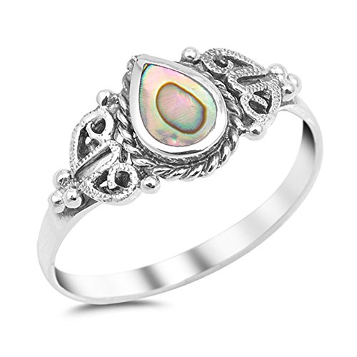 Teardrop Simulated Abalone Promise Ring New .925 Sterling Silver Heart Band Size 8