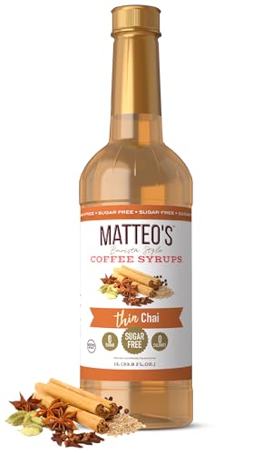 Matteo's Chai Syrup for Coffee, Lattes, Cappuccinos & Desserts – Sugar-Free Sweetener for Beverages, Keto Friendly, Zero Calories, Indulgent Flavor, Non-Alcoholic, Ideal for Hot Drinks 33.8oz (1pk)