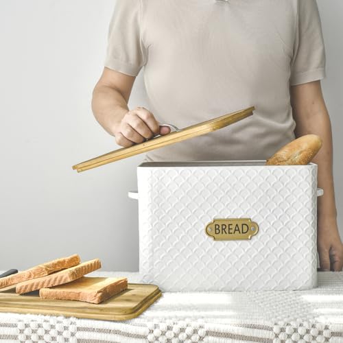 EMAX HOME Extra Large Space Saving Farmhouse Bread Box With Wood Lid - Holds 2 Loaves - Vertical Breadbox Bread Storage Bin Holder for Kitchen Countertop, White by EMAX HOME - Used condition - Image 3