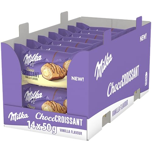 Milka Croissant Chocolate con Relleno de Crema de Vainilla y Bañado con Chocolate con Leche de los Alpes, Pack 14 x 50g