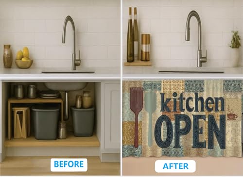 Image of DARSHANAM WORLD Modern Printed Kitchen Sink Curtain | Kitchen Under Sink Curtain | Decorative Cabinet Cover | Washable & Dustproof (2, Open)