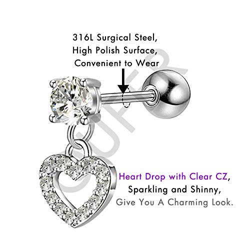 Oufer 16G 316L Stainless Steel Cartilage Earring Stud Heart Shape Dangle Helix Earrings Body Ear Piercing #TOP3