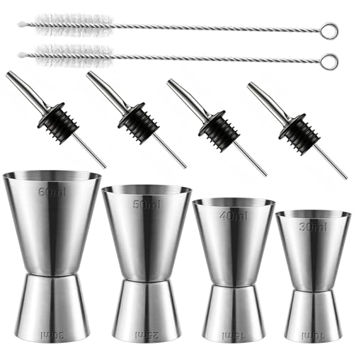 Lot de 4 verres doseurs à cocktail en acier inoxydable - Double mesure - 3 cl/4 cl/5 cl/6 cl - Avec 4 becs verseurs et 2 pinceaux - Pour bar et fête