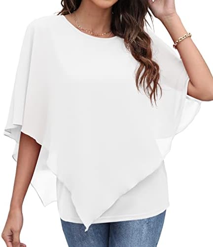 QIXING 2023 Women's Summer Casual Flowy Loose Short Sleeve Chiffon Elegant Tops Blouses White-Small