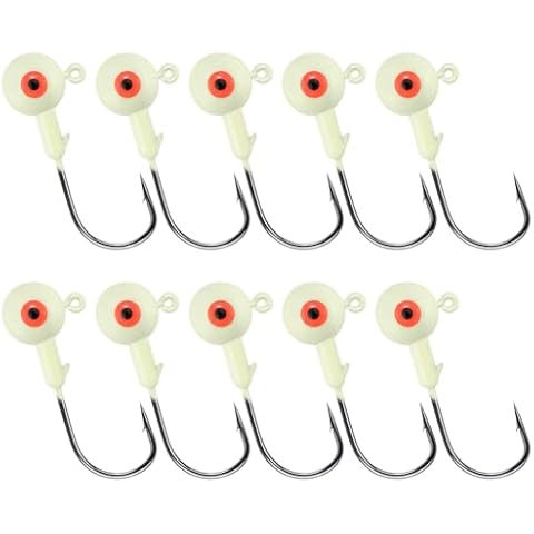 Alwonder 10 Pack Round Fishing Jig, Bass Ball Jigs 3D Eyes High Carbon Steel Jig Hooks Bass Lures Jig Heads Freshwater Saltwater Surf Fishing Jigs for Walleye Striper Pompano, Luminous-1/4oz Cover