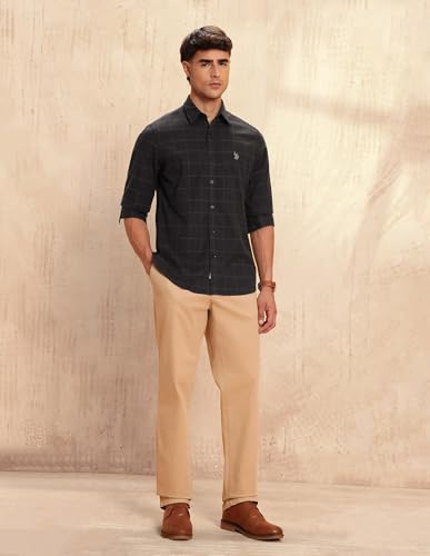 Image of U.S.Polo Association Men's Tailored Fit Windowpane Checked Shirt (USSHT3027 Dark Brown 48)