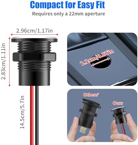 Mini 12V USB Outlet Aluminum Car Charger with PD30W and QC 18W Ports, 22mm Diameter Flush-Mounted Pre-Wired Cigarette Lighter Replacement Charger Socket for Car Boat RV Truck Motorcycle, etc. - 3