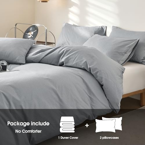DCSKY Cotton Duvet Cover Queen,100% Cotton Waffle Weave Grey Duvet Covers Queen Size,Luxury Textured & Breathable 3pcs with 2 Pillow Shams for All Season 90x90 Inches — view 2