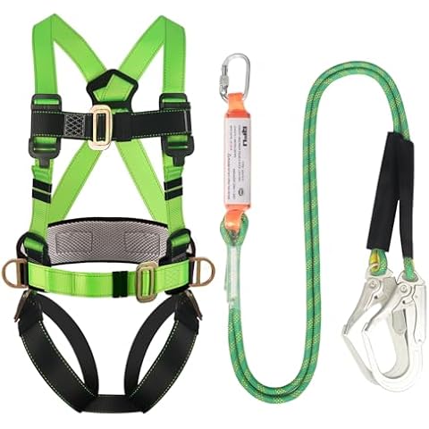 QFU Safety harness fall protection kit, equipped with shock-absorbing ropes, full-body safety harness for roof work, suitable for construction (Green and black) Cover