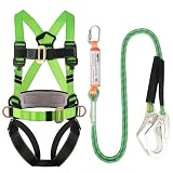 QFU Safety harness fall protection kit, equipped with shock-absorbing ropes, full-body safety harness for roof work, suitable for construction (Green and black)
