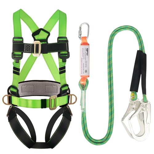 QFU Safety harness fall protection kit, equipped with shock-absorbing ropes, full-body safety harness for roof work, suitable for construction (Green and black)