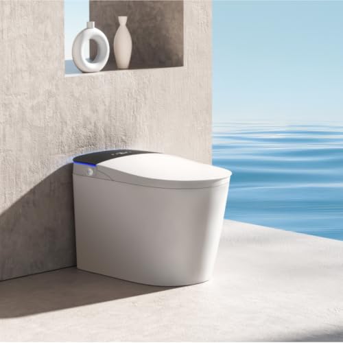 Inodoro bidé inteligente de pared con tanque incorporado, tapa y descarga automáticas, escudo de espuma, descarga sifónica por chorro sin presión de agua, asiento calefaccionado, lavado con agua tibia, impermeable IPX4, color blanco