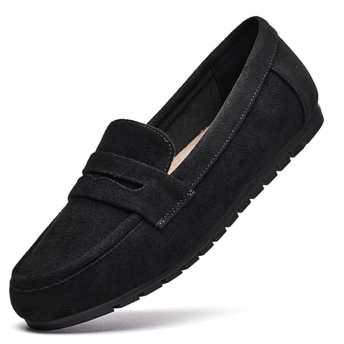 Jucvoeci Loafers for Women Comfortable Business Casual Shoes Womens Dressy Slip On Office Work Flats Shoes Suede Black Size 10 Wide Width