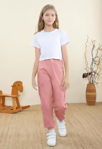 SANGTREE Conjunto de 2 peças para meninas, camiseta e calça cargo com cordão, 4 a 14 anos, Branco +