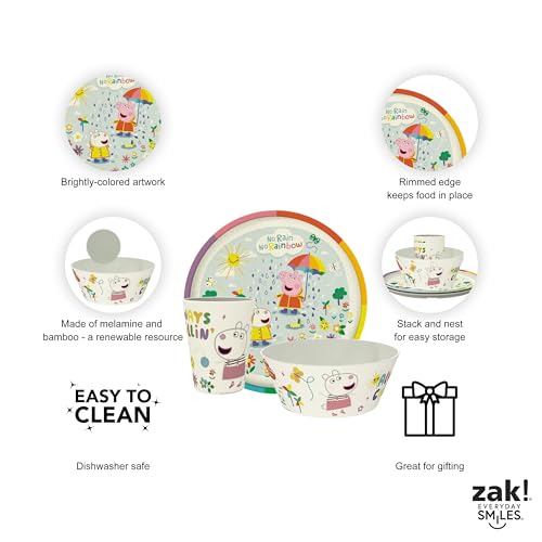 Image of Zak Designs Peppa Pig Kids Dinnerware Set 3 Pieces, Durable and Sustainable Melamine Bamboo Plate, Bowl, and Tumbler are Perfect For Dinner Time With Family (Peppa, Suzy, Zuzu)