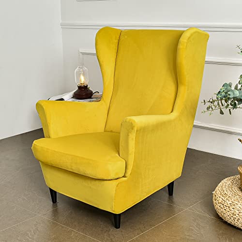 Mifxin Wing Chair Slipcover 2 Piece Set Velvet Stretch Wingback Chair Cover With Cushion Cover Soft Washable Armchair Furniture Protector For Living Room Bedroom (Yellow) #TOP2