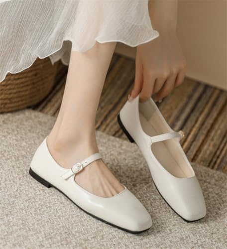 Women's Leather Flats Square Toe Dress Shoes Retro Soft Mary Jane Flats Comfortable PU Ballet Dance Shoes with Buckles3