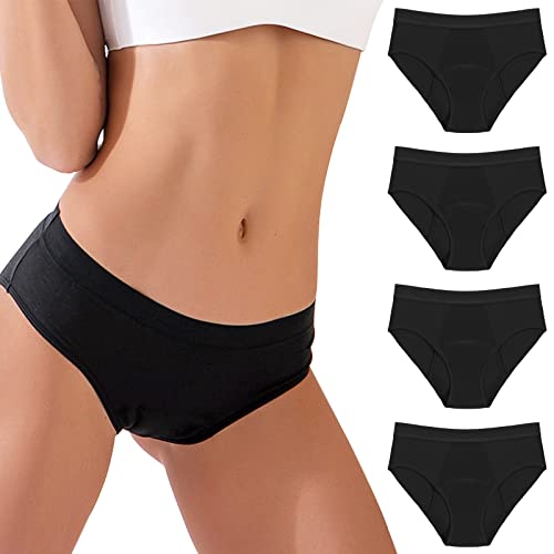 Ropa interior para el período menstrual para mujer, paquete de 4 pantalones absorbentes a prueba de fugas, flujo pesado, protección extra, transpirables, bragas de bikini, color negro (3XL)