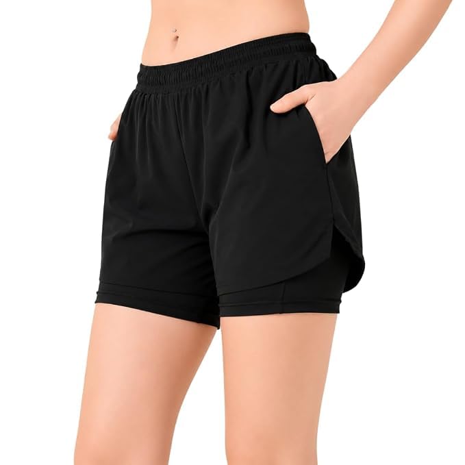 Women's 2 in 1 Running Shorts with Inner High Waist Athletic Workout Shorts with Pockets | Quick Dry Sports Gym Yoga Training Fitness Activewear Shorts Black-picture-12