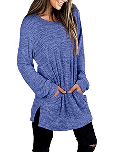Shibever Womens Tunic Sweatshirts Long Sleeve Tunic Tops Casual Side Split T Shirts With Pocket Blue S #TOP1