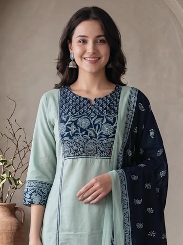 Image of INDO ERA Women's Straight Pure Cotton Floral Self Design Kurta & Pant With Dupatta Set | Kurta Sets For Woman