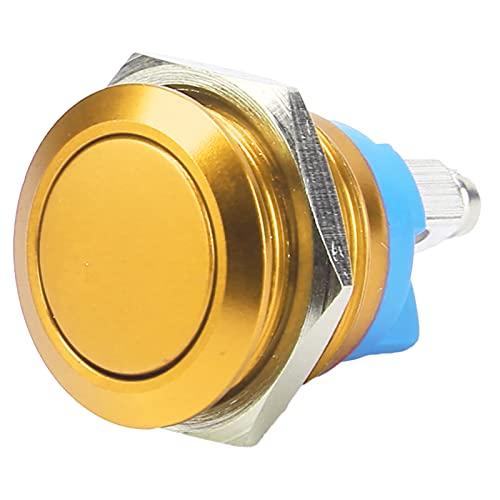 Image of FTVOGUE Metal Button Switch, 16mm Stainless Steel Push Switch Flat Round Head Self Reset Normally Open No Light for Wet Environment Panels Control Box Replacement (Yellow)