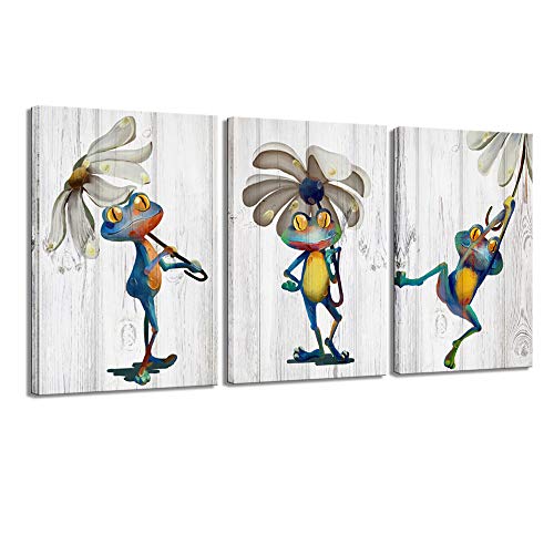 Best Deal Product LevvArts - 3 Piece Animal Canvas Wall Art Abstract Funny Frog with Daisy Flower Painting Picture on Vintage Wood Background Printed on Canvas Funny Home Living Room Bedroom Wall Decor Ready to Hang