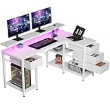 Seventable Computertisch L Form mit 4 Schubladen & Ablageflächen, Gaming Tisch mit LED & Steckdosen, Gaming Schreibtisch mit Monitorständer für Homeoffice, Schlafzimmer, Wohnzimmer (Weiß, 140 cm)