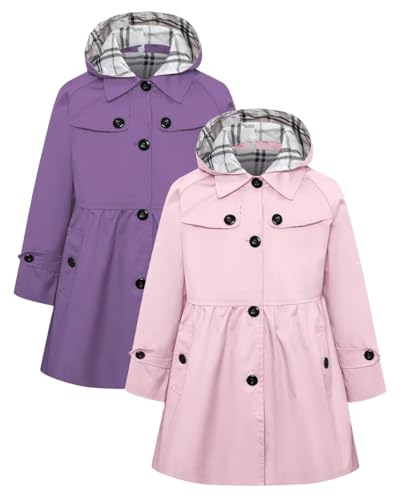 Image of Betusline Girls 2 Packs Trench Coat Hooded Lightweight Single Breasted Dress Outerwear Jacket,2-14 Years