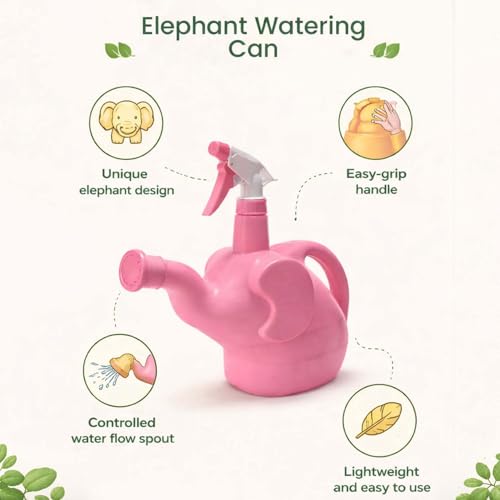 Image of Go Hooked Elephant Shape 2-in-1 Plant Watering Can with Spray Bottle 1.5L | Plastic Garden Watering Pot with Long Spout & Handle | Indoor Plants, Balcony Gardening Water Sprayer (Multicolor)